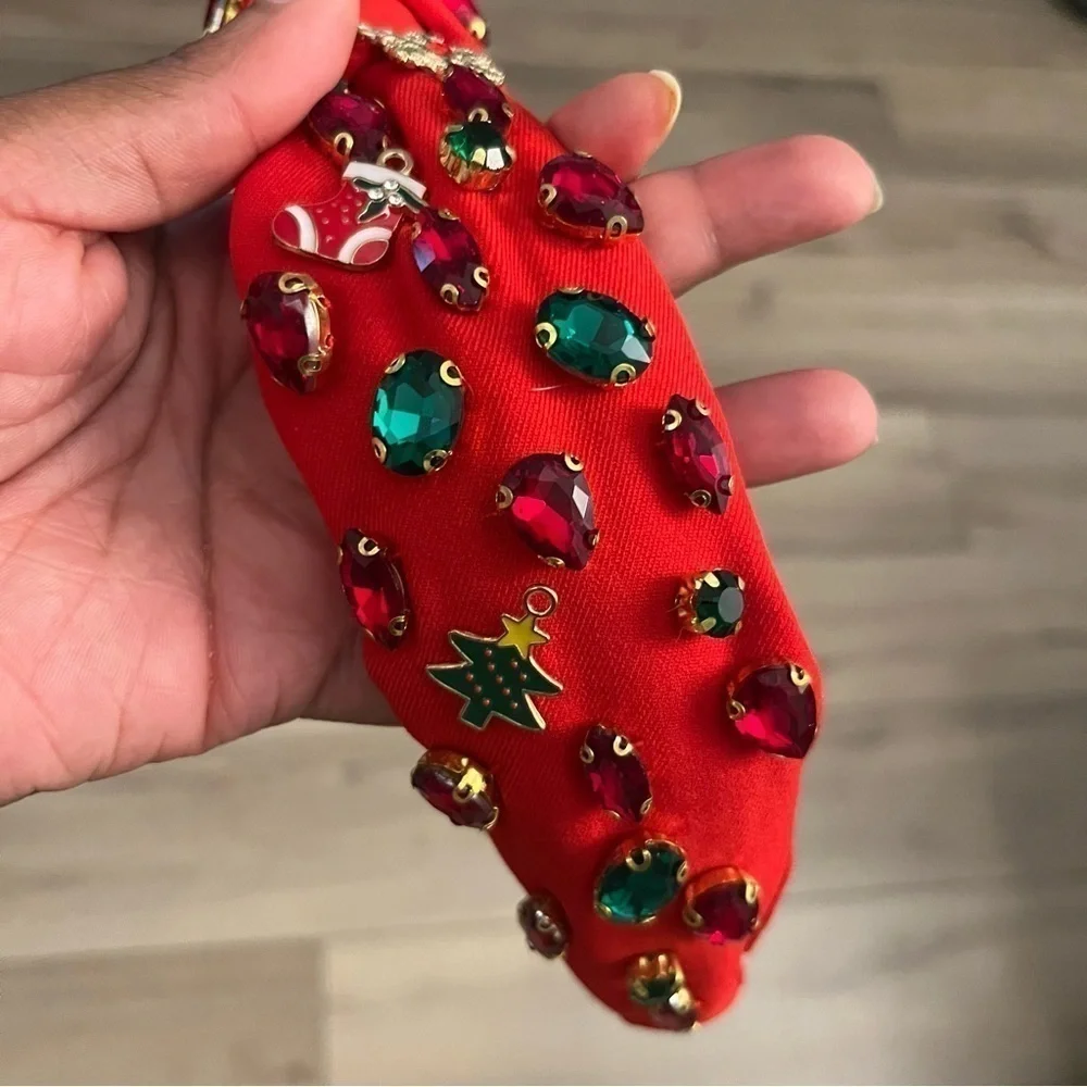 Glam Red Christmas Rhinestone Knotted Beaded Jeweled Headband